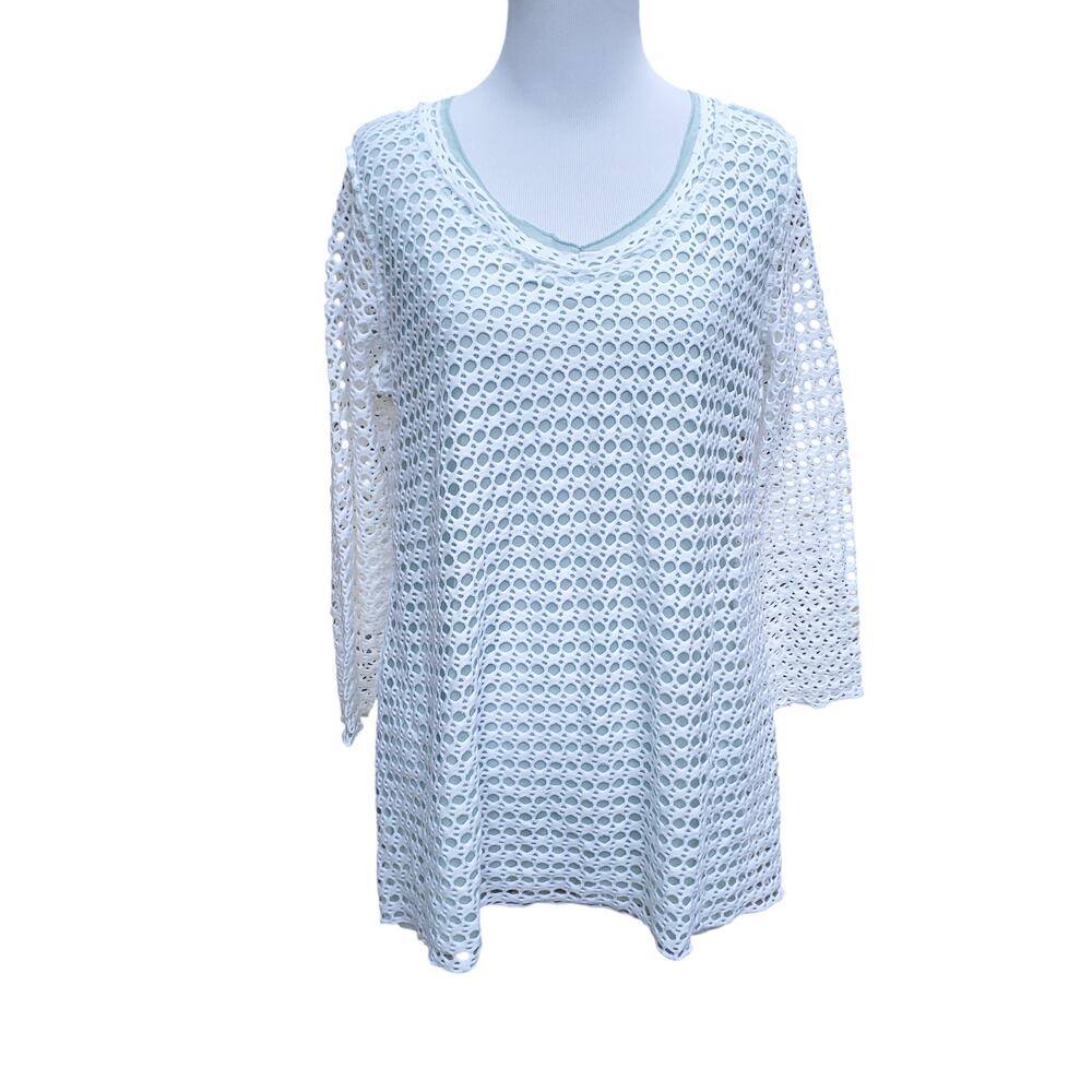 Habitat Women's Top Blouse White Open Knit Blue Green Mesh Underlay Sz XS